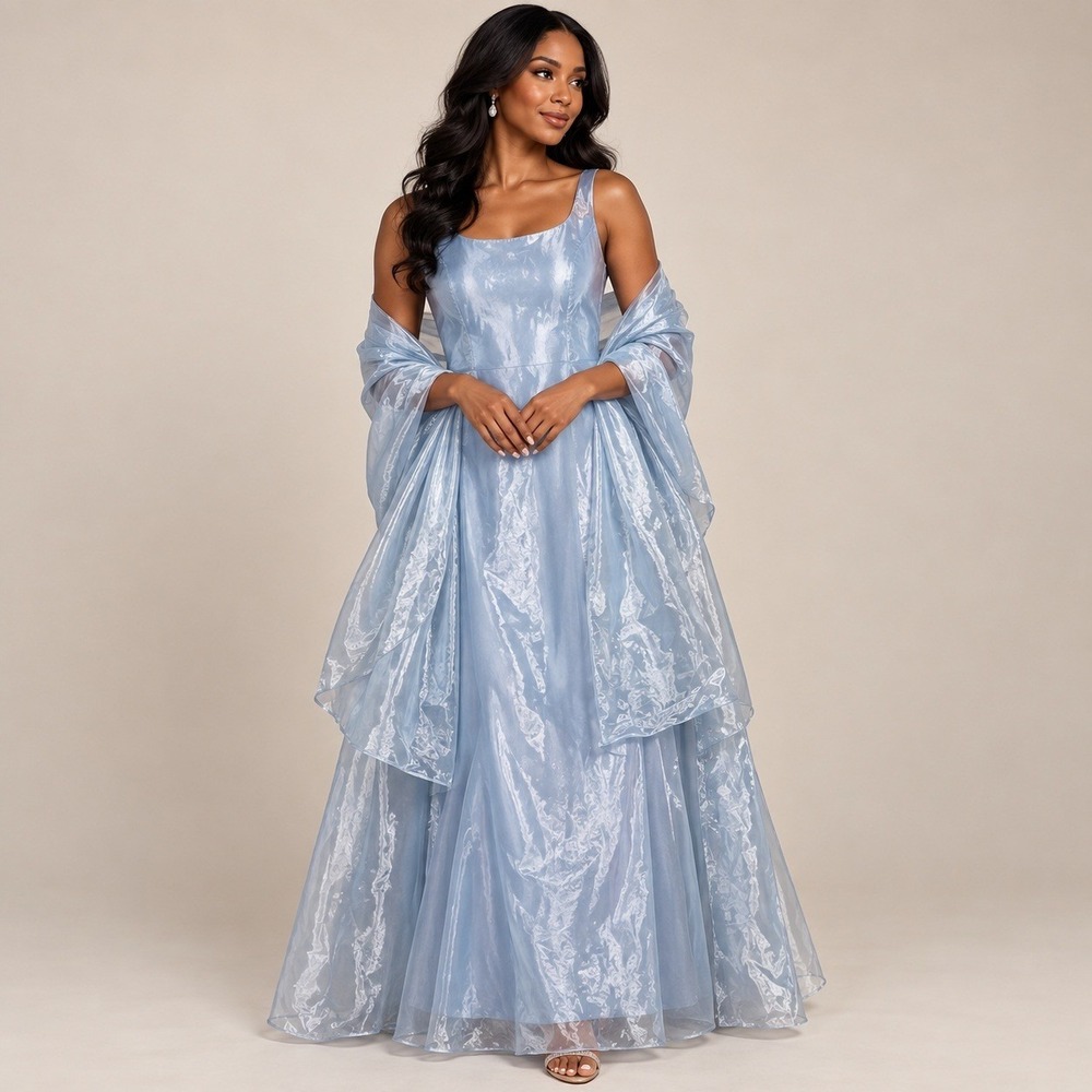 Y2K Fiesta Ice Blue Metallic Organza Gown with Matching Shawl XL Fairycore